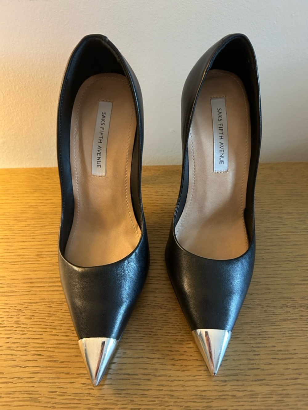 Saks Fifth Avenue Black Leather Pointed Pumps with Silver Toe Cap - Picture 2 of 10